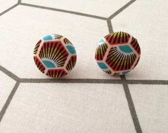 Geometric Peacock feather fabric button earring