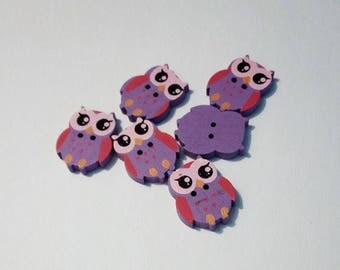 Lot 6 buttons "owls" / "owls" wooden, purple