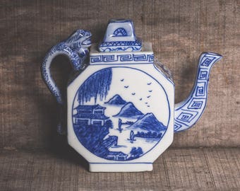 Blue Tea Kettle Vintage, Asian Teapot, Asian Kitchen Decor Vintage, Asian Gifts, Blue Kitchen Decor, Blue Gifts, Blue China, Kitchen Items