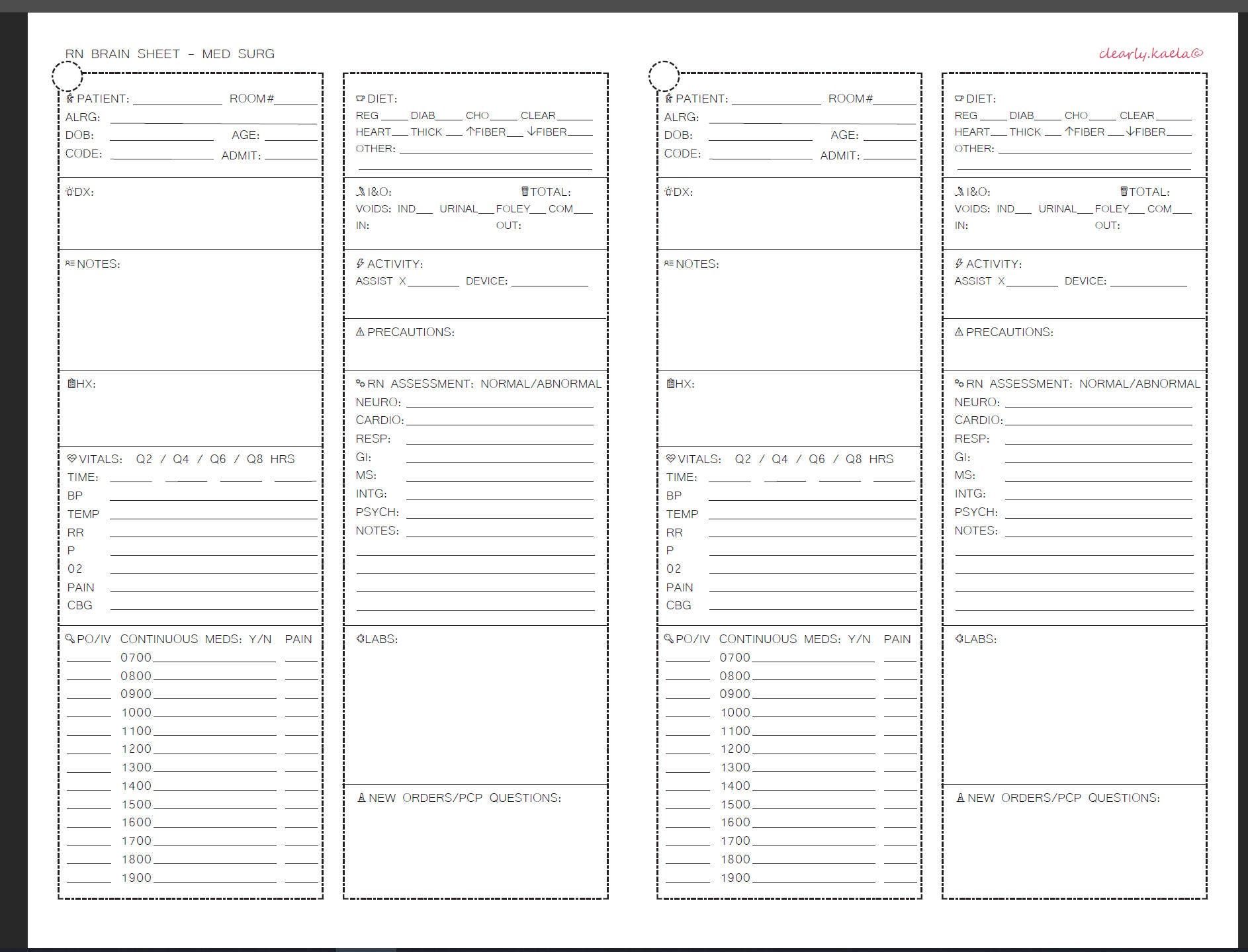 RN Brain Sheet Med Surg Student