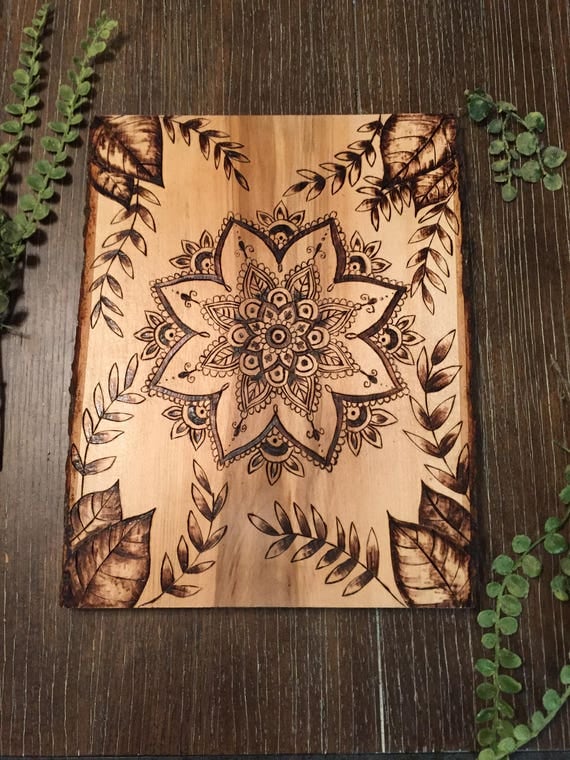 Mandala wood burning art pyrography leaves