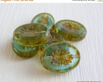 20% Summer SALE Czech Picasso Beads Chunky Oval - Light Aqua Picasso Czech Glass Beads (G - 653)