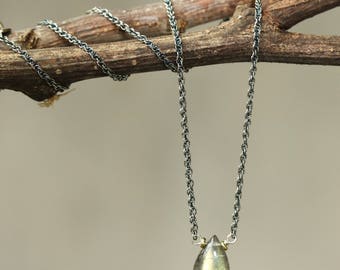 Tiny olive green labradorite pendant necklace and oxidized sterling silver chain