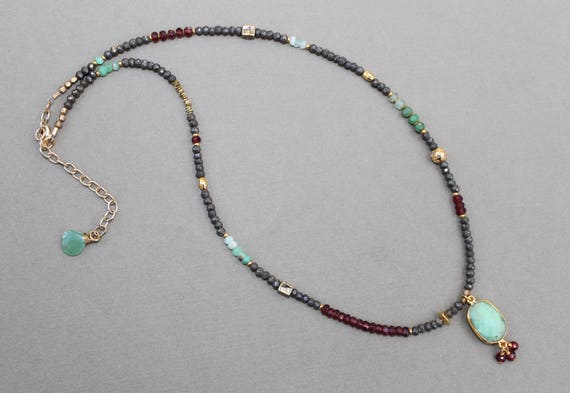Necklace Garnet Chrysopraise Pendant Pyrite Gold Brass Mixed