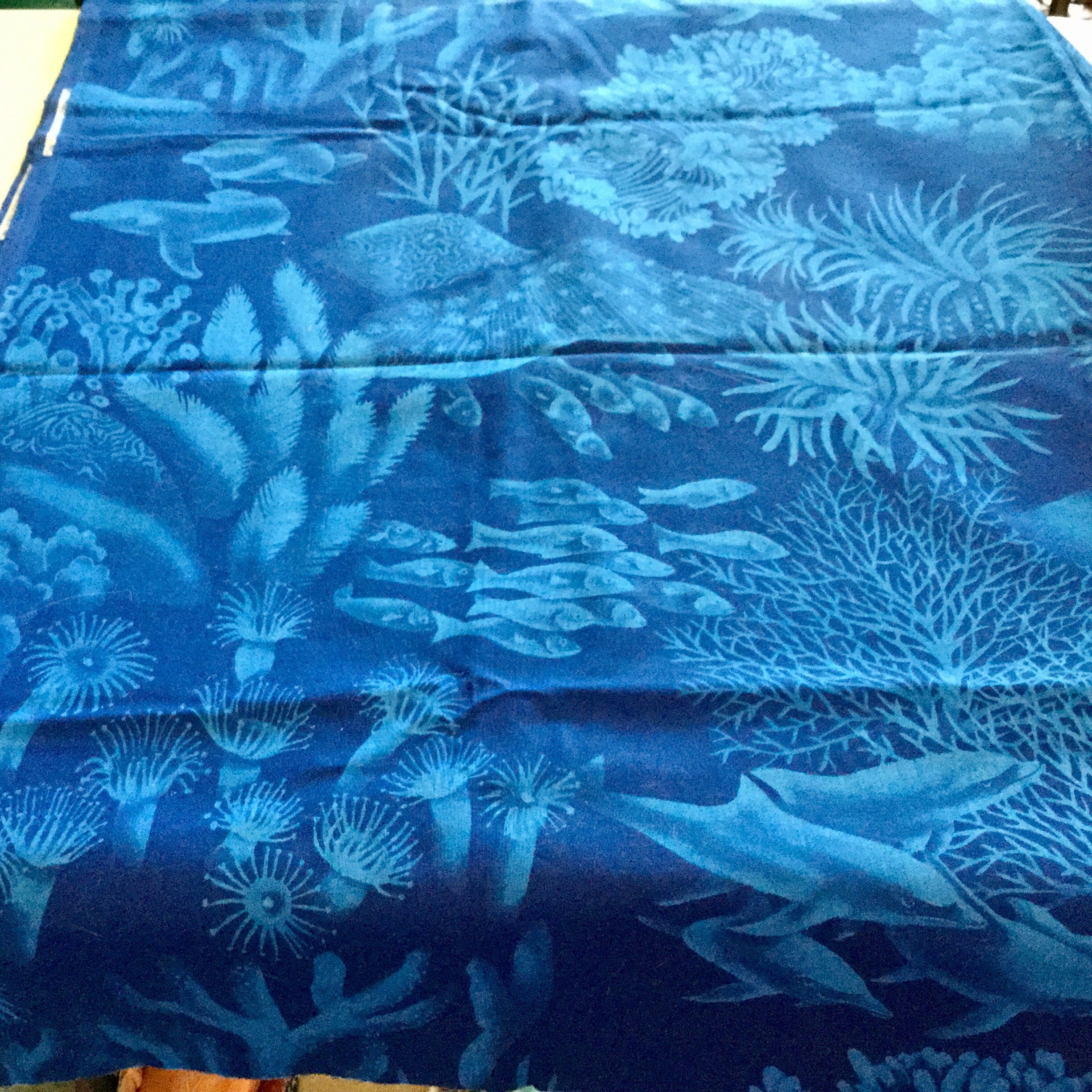 Blue Cotton Underwater Sea Life Fish print fabric, 3 yards by 45 wide, blue, sewrm from