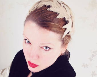 50s Beige Velvet Leaves and Feather Casque or Half Hat