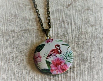 Flamingo Locket Necklace, Bird Necklace, Flamingo Pendant, Pink Bird Jewelry