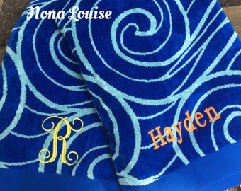 Blue Swirl Oversize Beach Towel-Monogram Towel-Pool-Bath