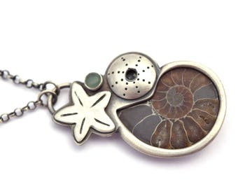 Ammonite Necklace, Sterling Silver Ocean Jewelry, Fossil Jewelry, Starfish, Urchin, and Aventurine Pendant, Oxidized Silver Necklace