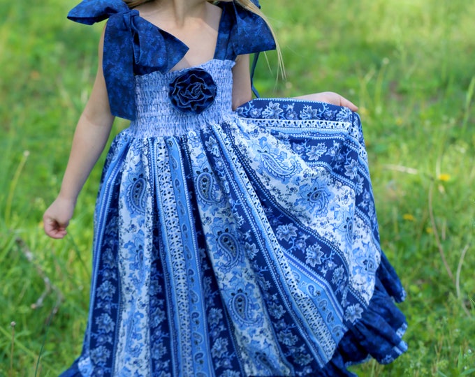 Summer Maxi Dress - Baby Girls - Toddlers - Sleeveless - Beach - Blue - Long Boho Dress - Ruffle - Cotton Dresses - Boutique 12 mo to 8 yrs
