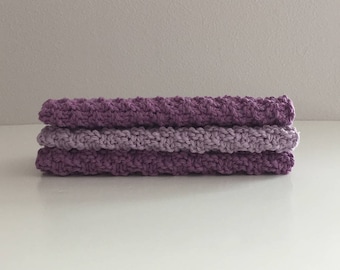 Set of 3 cotton knit washcloths - purple and lavender kitchen dishcloths