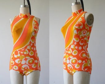 vintage 1960s swimsuit / 60s Jantzen bathing suit / 60s orange psychedelic swim suit / 60s swimwear / cutout back swimsuit / SZ medium large