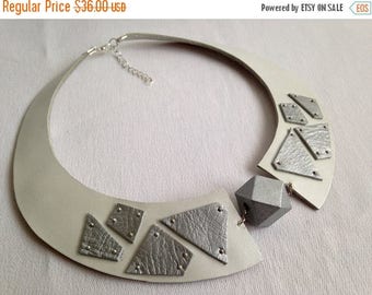 50% OFF SALE White and silver leather bib necklace Leather jewelry Statement necklace "Geometry of Metamorphose" collection
