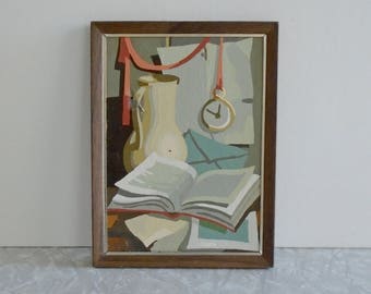 still life paint-by-number, vintage paint by number, midcentury pbn, scene with book, envelope, pitcher and clock, small pastel kit painting