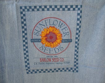 Sunflower denim fabric, feed sack fabric, printed fabric, pillow panel, craft fabric, sewing supplies, fabric supplies, pillow supplies.