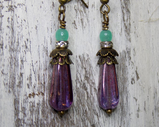 Victorian Czech Glass Dangle Earrings Vintage Style Downton Abbey Jane Austen Jewelry Purple Green Opal Teal Gemstone Spindle Earrings