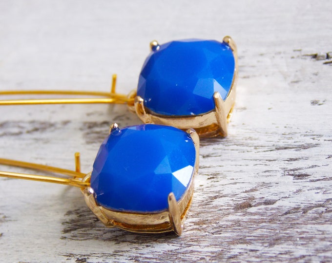 Gold Royal Blue Earrings, Wedding Jewelry, Bridesmaid Gift, Royal Blue Glass Earrings, Gold Jewelry, Anniversary Gift for Her