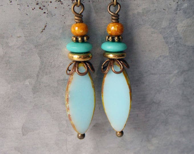 Bohemian Czech Glass Earrings Turquoise Blue Brass Beachy Boho Earrings Picasso Textured Drop Spindle Jewelry Rustic Woodland Earrings