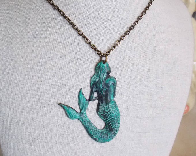 Brass Mermaid Patina Necklace Blue Green Ocean Nautical Seaman Beachy Verdigris Patina Blue Jewelry Gift