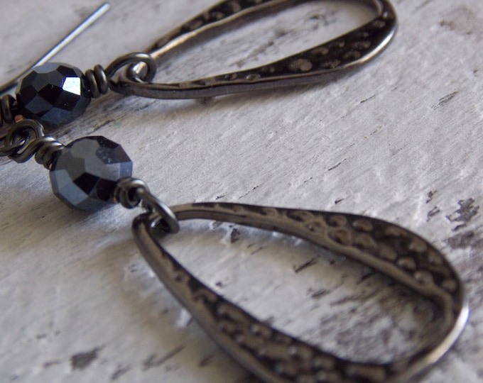 Black Dangle Earrings Gunmetal Boho Black Czech Glass Long Goth Evening Light Earrings Black Gunmetal Jewelry Gift