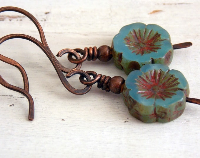 Blue Flower Boho Earrings Dangle Czech Glass Oxidized Copper Metal Hawaiian Rustic Bohemian Earrings Jewelry Woodland Earrings