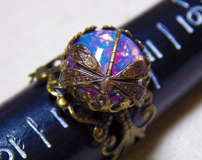 Dragon Fly Antique Style Adjustable Ring Victorian Renaissance Brass Czech Opal Cabochon Rustic Filigree Statement Art Nouveau Ring
