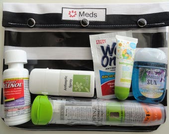 Black & White Stripe Pouch Clear Pocket Organize JuJuBe Diaper Bag Baby Supplies First Aid. Ouch Pouch Meds Personalize or No Label XL 7x9