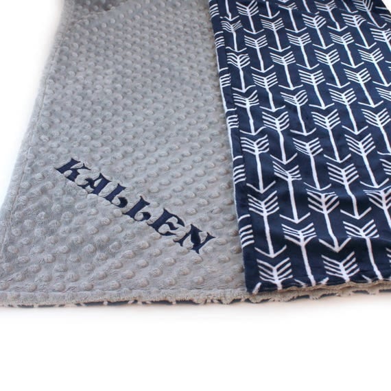 Crib Blanket // 42 x 55 Crib Size Minky Boy Baby Blanket, Personalized Navy Blue Arrow Gray