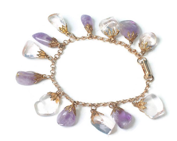 Quartz Amethyst Chunk Charm Bracelet Polished Stones Vintage