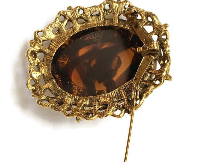 Gold Rose Cameo Brooch Pendant Faux Tortoiseshell Vintage