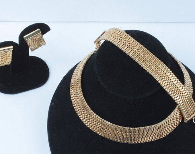 Gold Mesh Woven Necklace Bracelet Earrings Set Parure Vintage
