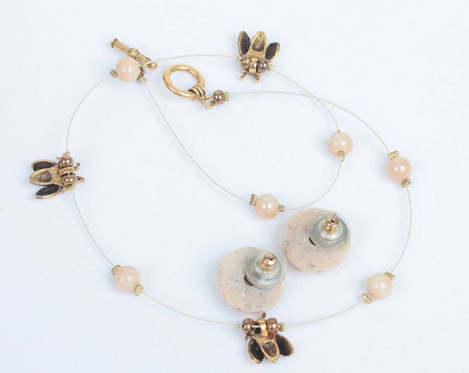 Bees Necklace and Post Earrings Set Gold Tone Vintage