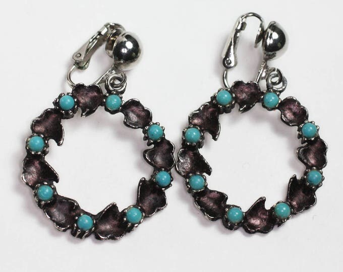 Turquoise Bead Dangle Earrings Purple Hearts Circles Hoops Clip On Boho Vintage