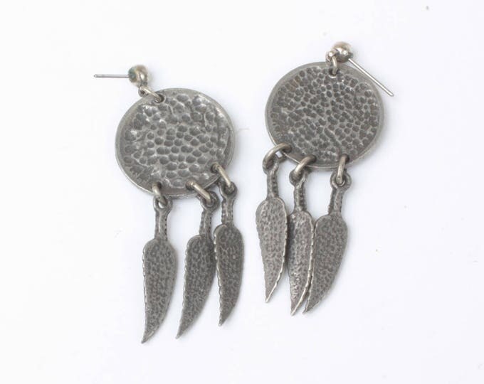 Buffalo Nickel Style Earrings Feather Dangles Simulated Coin Jewelry Silver Tone Vintage