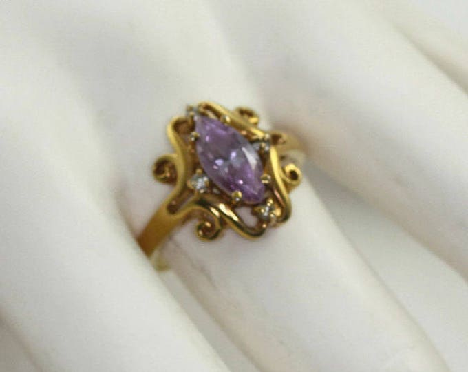 Amethyst Glass Ring Marquise Stone Fancy Setting Clear Accents Size 10 Vintage