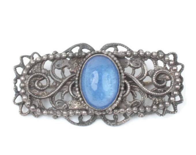 Blue Glass Cabochon Filigree Brooch Victorian Revival Vintage