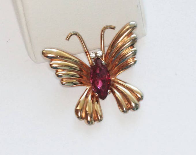 Small Dark Pink Rhinestone Butterfly Pin Signed Coro Vintage