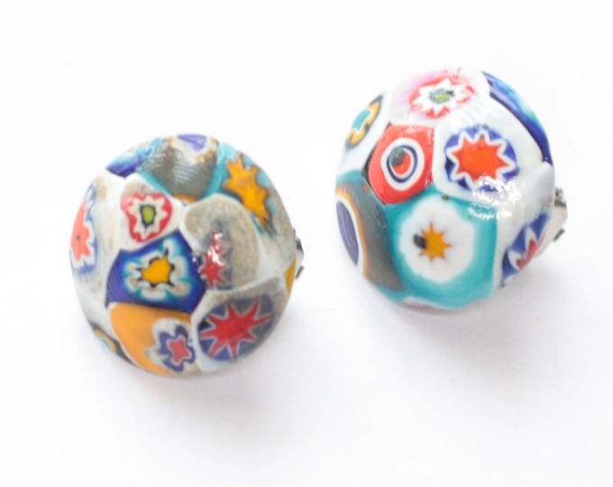 Millefiori Bead Earrings Multi Color Venetian Glass Clip On Domed Button Vintage