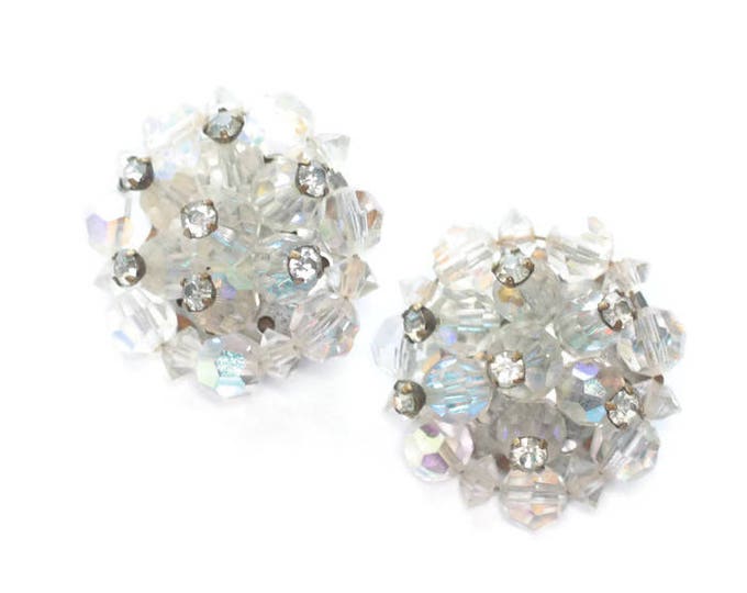 Aurora Borealis Crystal Earrings Cluster Rhinestone Accents Clip On Style