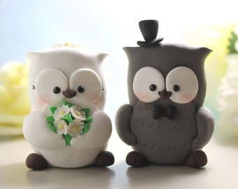 Unique Owls wedding cake toppers - bride groom figurines personalized elegant funny rustic country grey love birds wedding decor animals