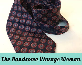 Vintage Oscar de la Renta Couture Necktie, Silk Jacquard, Dark Blue Pattern