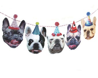 French Bulldogs Birthday Garland - photo reproductions on felt - funny Frenchie portraits birthday banner