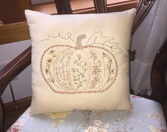 Fall Halloween Pumpkin Pillow - Primitive Autumn Embroidery Pillow - Pillow Tuck - Farmhouse Decor - Orange Plaid - Hand Embroidered