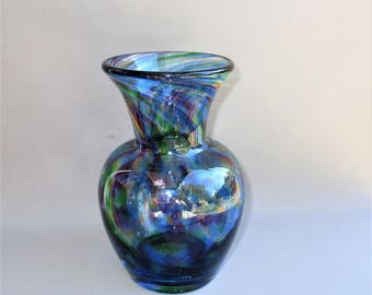 Hand Blown Art Glass Blue Multicolored Bud Vase.