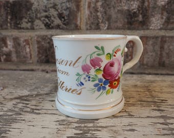 Antique English Potteries Souvenir Shaving Mug - Floral - Brush Calligraphy