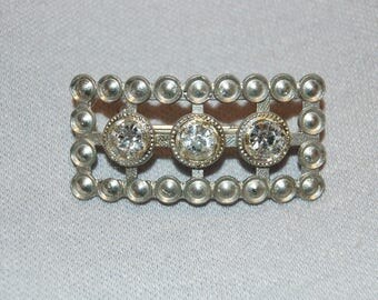 Antique Victorian C Clasp Brooch / Sparkling Clear Rhinestone / Silver Tone / Vintage / Old jewelry
