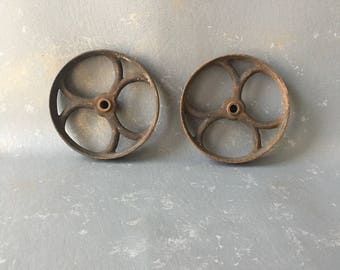 Vintage Cast Iron Wheels, Pair, set, industrial Wheels, small