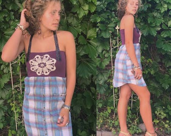 Eco DRESS,size S/M, upcycled clothing, tunic dress, hippie dress, festival dress, necktie dress, plaid jumper dress, mandala dress, Zasra