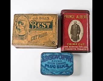 3 Smoking Tobacco Tins Edgeworth Plug Slice Dill's Best Prince Albert Flip Top
