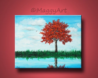 by the lake,red tree, large original painting, 30x24inch on stretched canvas, ready to hang,home decor, office decor,Free Shipping in US